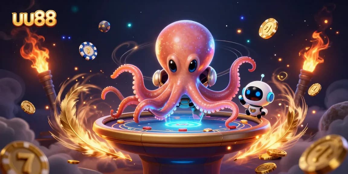 uu88 alien-themed gaming scene showcasing an octopus at a poker table with dynamic game elements in space.