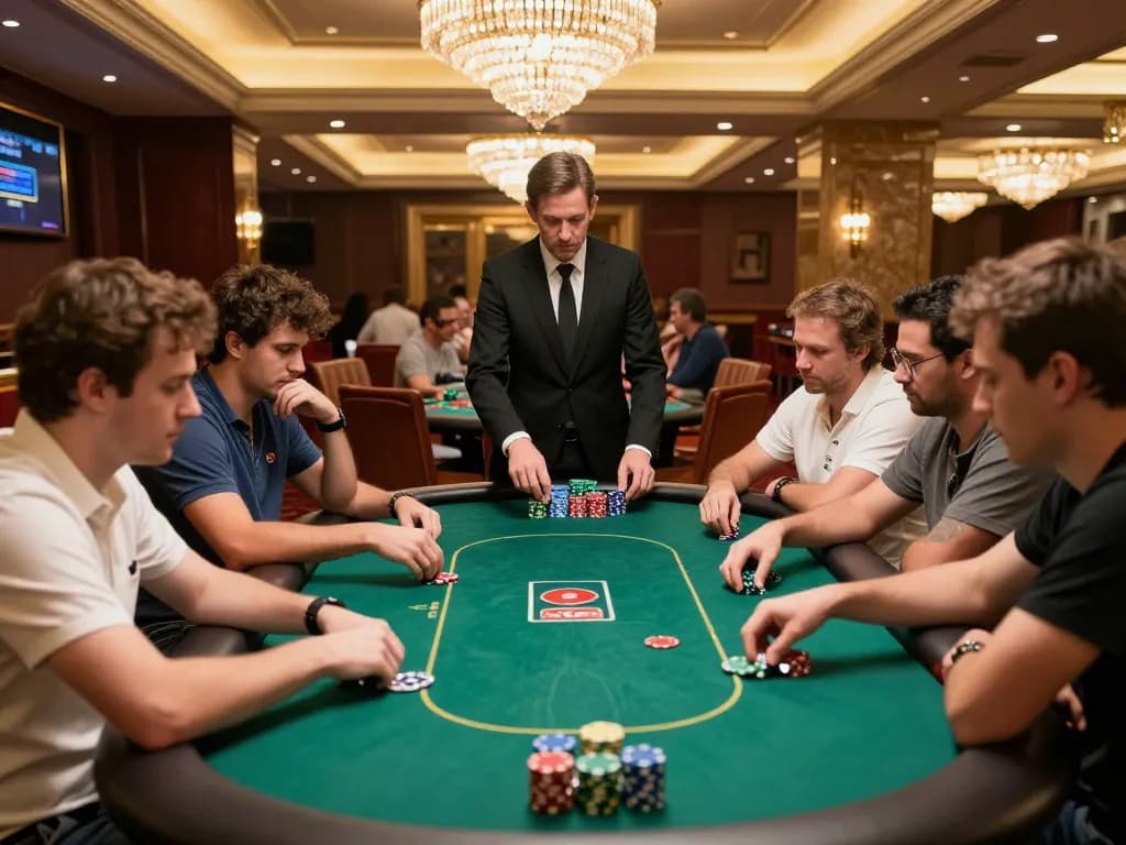 FC88 poker game featuring focused players at an upscale casino table during an exciting session