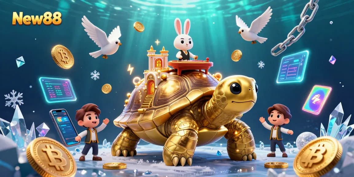 Experience the excitement of New88's dynamic gaming with a golden tortoise casino illustration.