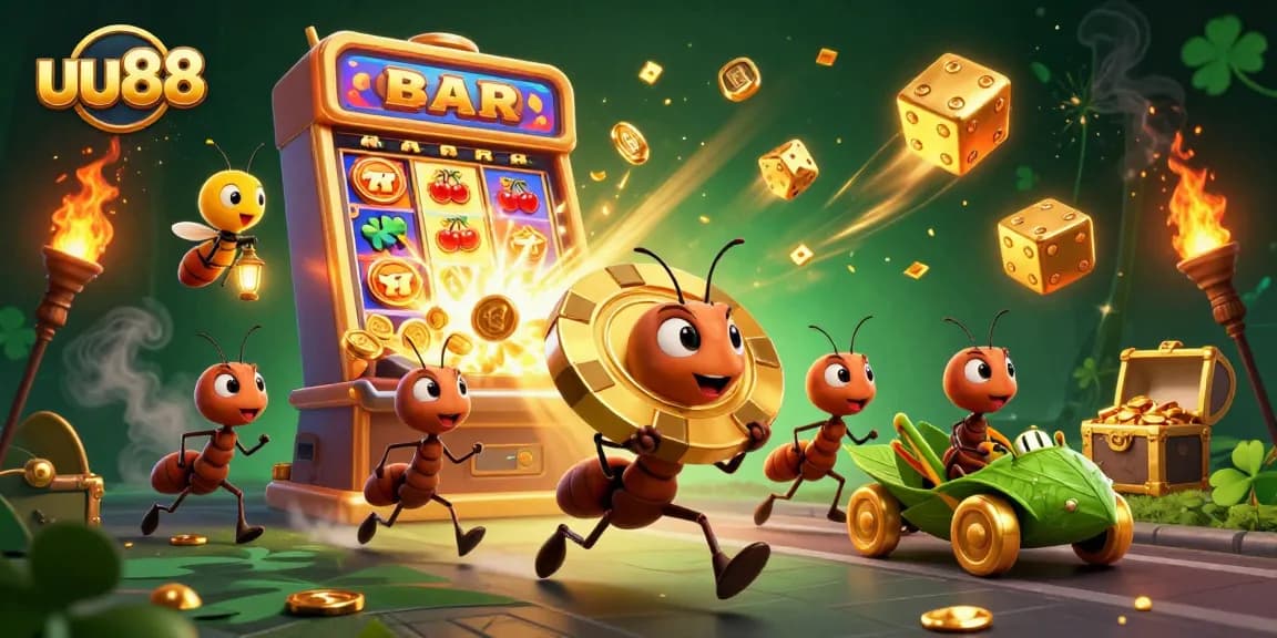 Engage with uu88's thrilling experience through a heist scene with cartoon ants and a jackpot explosion.