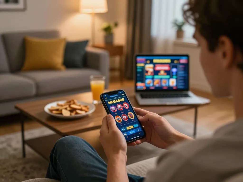 Engaging with mega888 on a smartphone in cozy home setting, highlighting modern online gaming experience