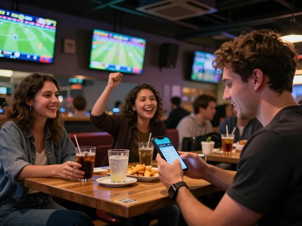 Engaged sports bettors analyzing odds on their smartphones at a lively venue while following Keo nha cai 5 updates.
