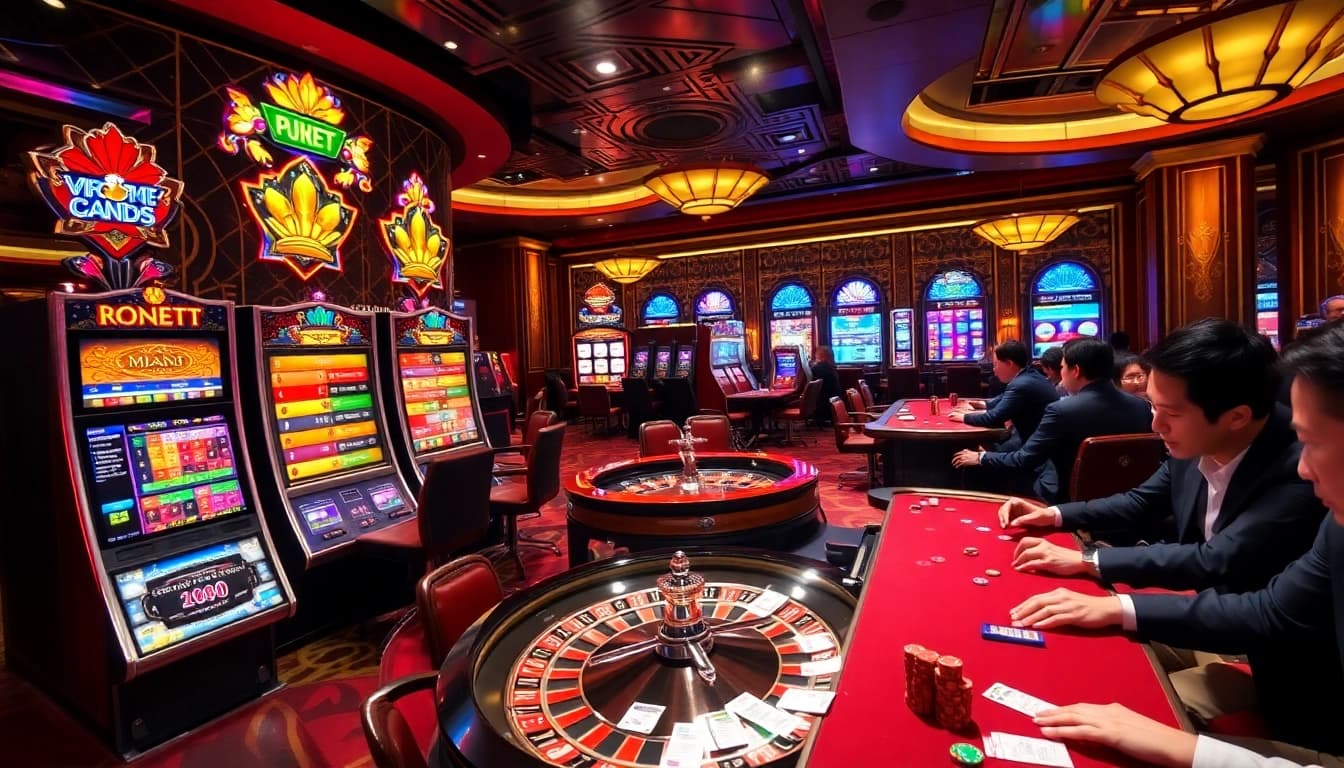 Exciting gambling scene with vibrant slot machines and poker gameplay at https://debet.jp.net/.