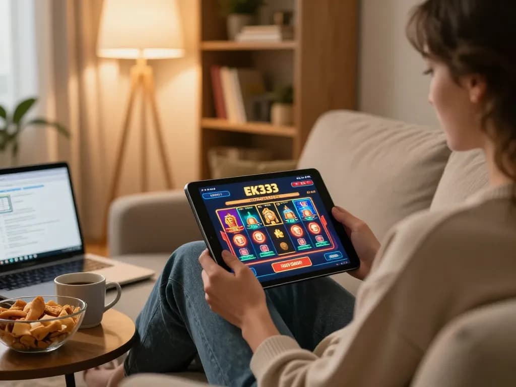 Engaging online casino gameplay with EK333 app on tablet in a comfortable home setting.
