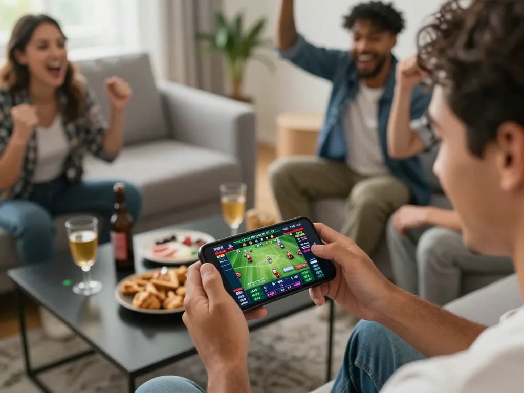 Engaged player using fb88 mobile app for live sports betting during an exciting game
