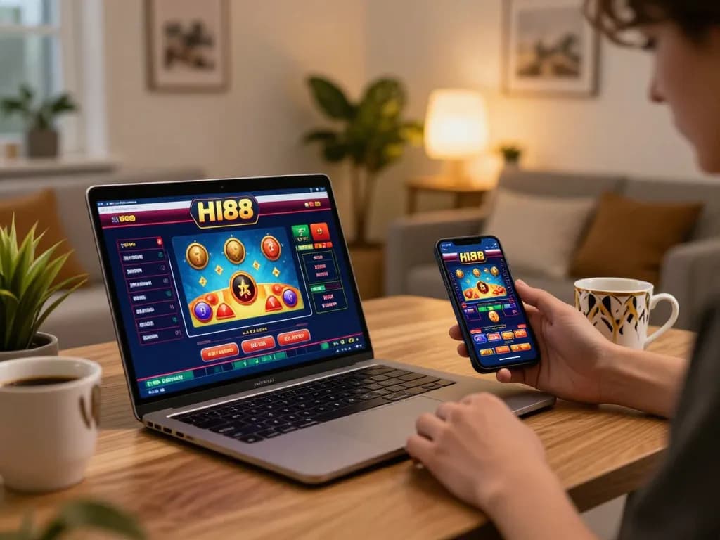 HI88 online casino gaming setup with stylish laptop and smartphone engaging players in strategic gameplay.