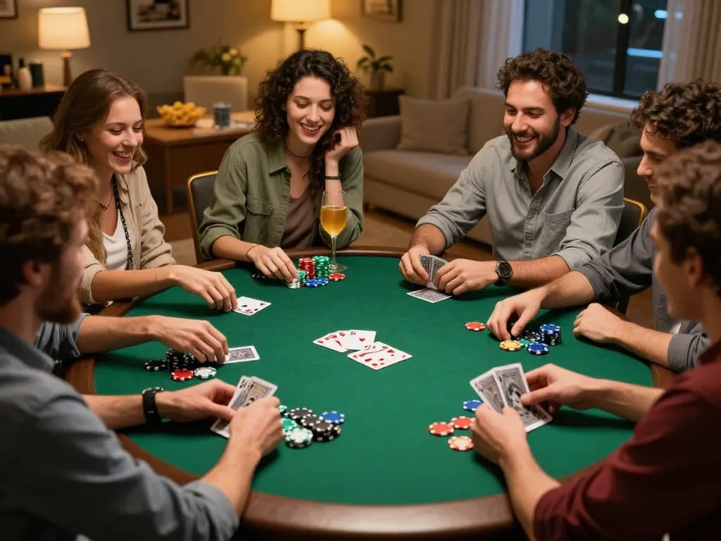 Friends enjoying a friendly poker game at home, focusing on nhà cái uy tín and responsible gambling.