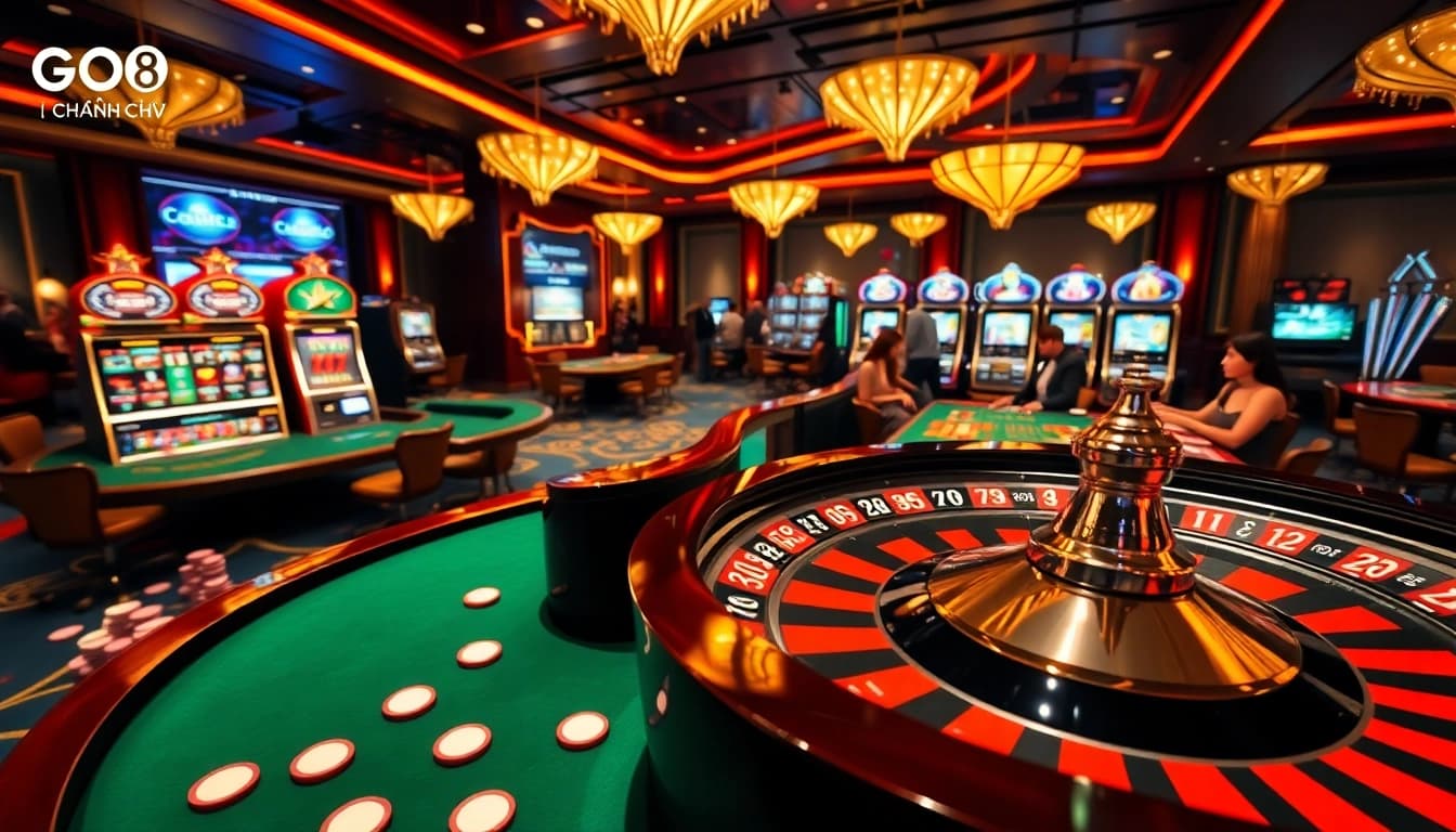 GO8 CHÍNH CHỦ casino scene showcasing exciting gambling action with roulette and poker tables.