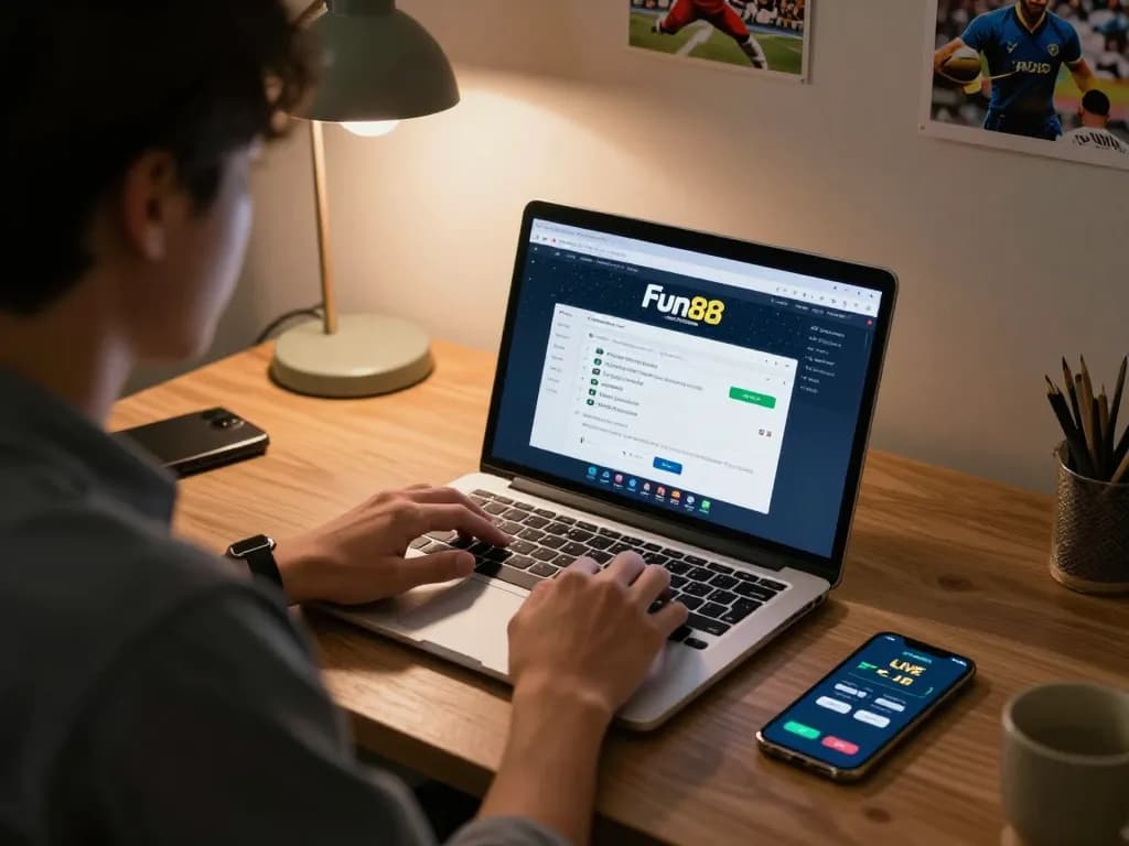 Engaging online betting scene with Fun88 interface on laptop in stylish workspace