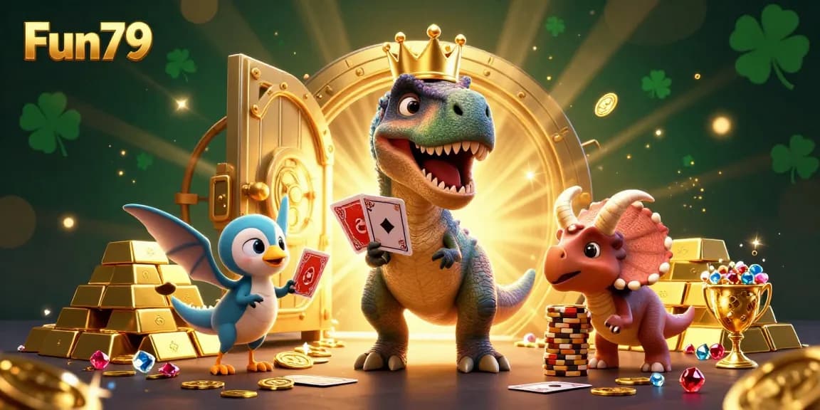 Engage with Fun79 in a vibrant 3D casino scene featuring friendly dinosaurs and dazzling treasures.