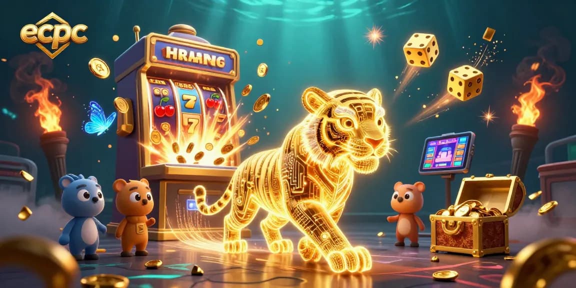 Experience thrill at ecpc's vibrant casino with a neon tiger amidst slot jackpots.