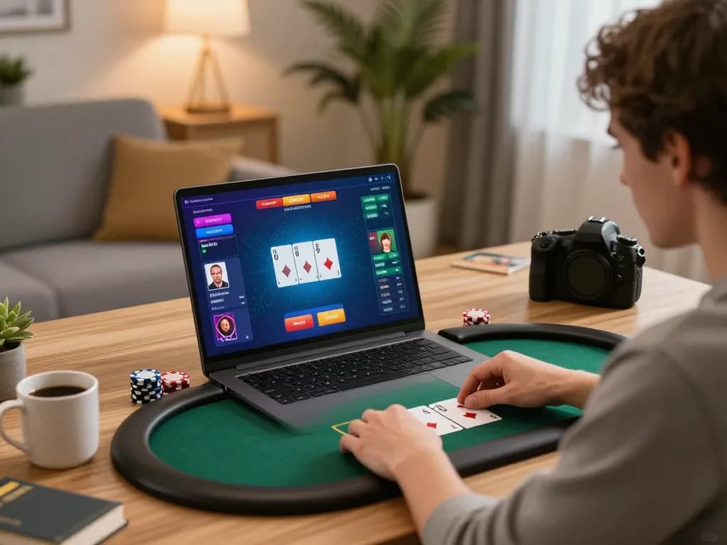 Player engaged in high-stakes poker on laptop, showcasing 68gamebaivn online gaming experience.