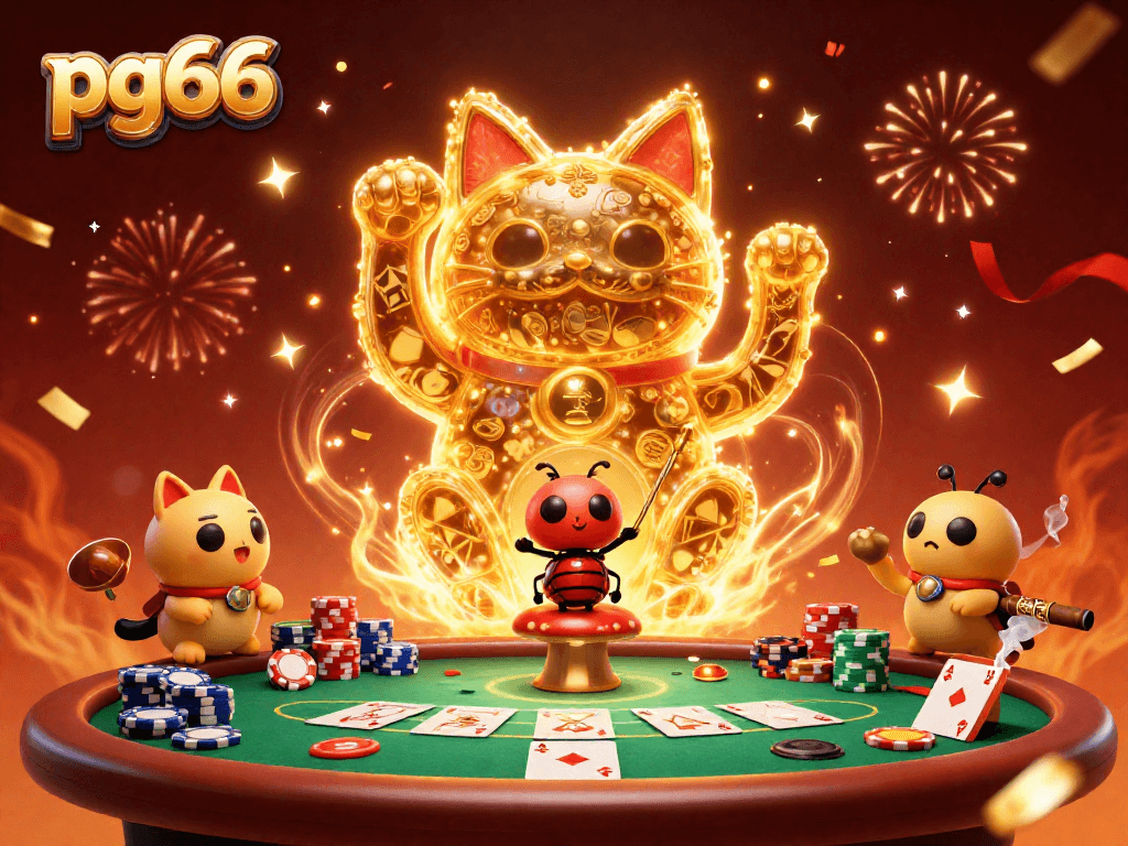 Experience the excitement of pg66 with a vivid casino illustration featuring gold fireflies and dynamic gaming elements.