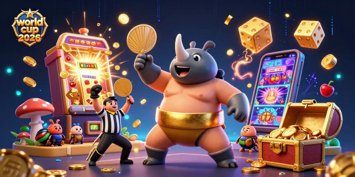 Engage with the exciting world cup 2026 scene showcasing a sumo beetle smashing coins in a vibrant casino atmosphere.