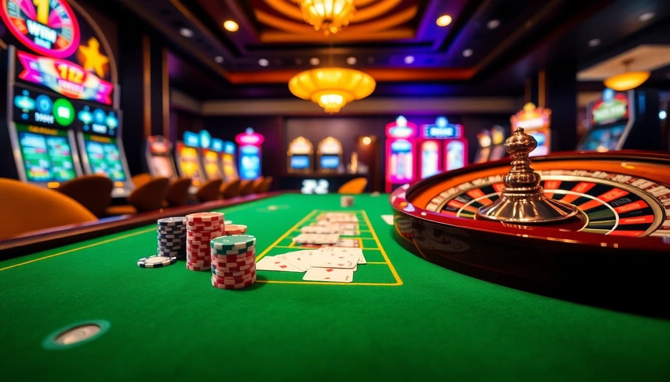 Experience thrilling gaming action at https://mm88.agency/ with luxurious casino tables, poker chips, and roulette wheels.