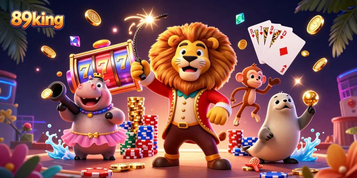 Spin and win with 89king in a vibrant casino scene featuring lively characters and sparkling treasures.
