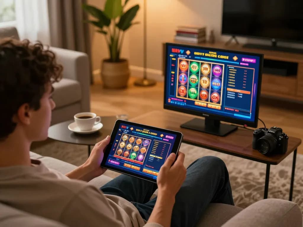 Experience 88vvgo online gaming with vibrant slots on a tablet in a cozy home setting.