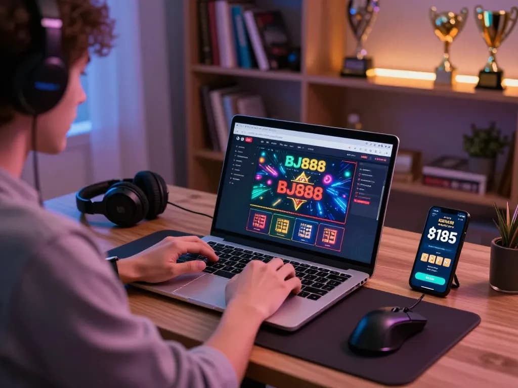 Bj888 user engaging with an online betting platform in a vibrant home setting.