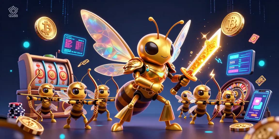 Engage with QQ88's vibrant casino scene showcasing a golden samurai hornet and gaming elements.
