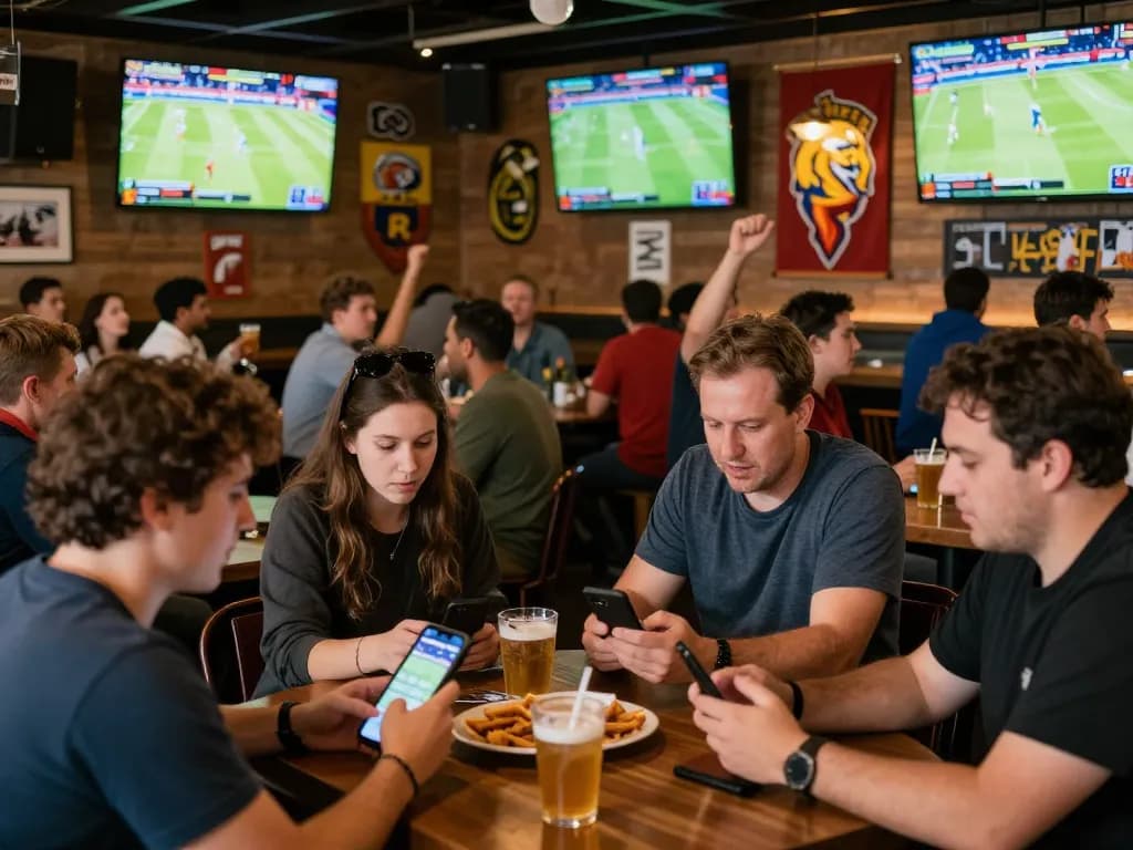 Engaged sports bettors at lively sports bar using mobile devices to place bets on games