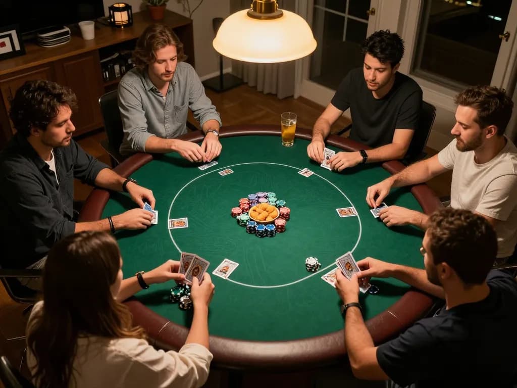 Friends enjoying a thrilling poker night at home, experiencing 123B's engaging gambling atmosphere.