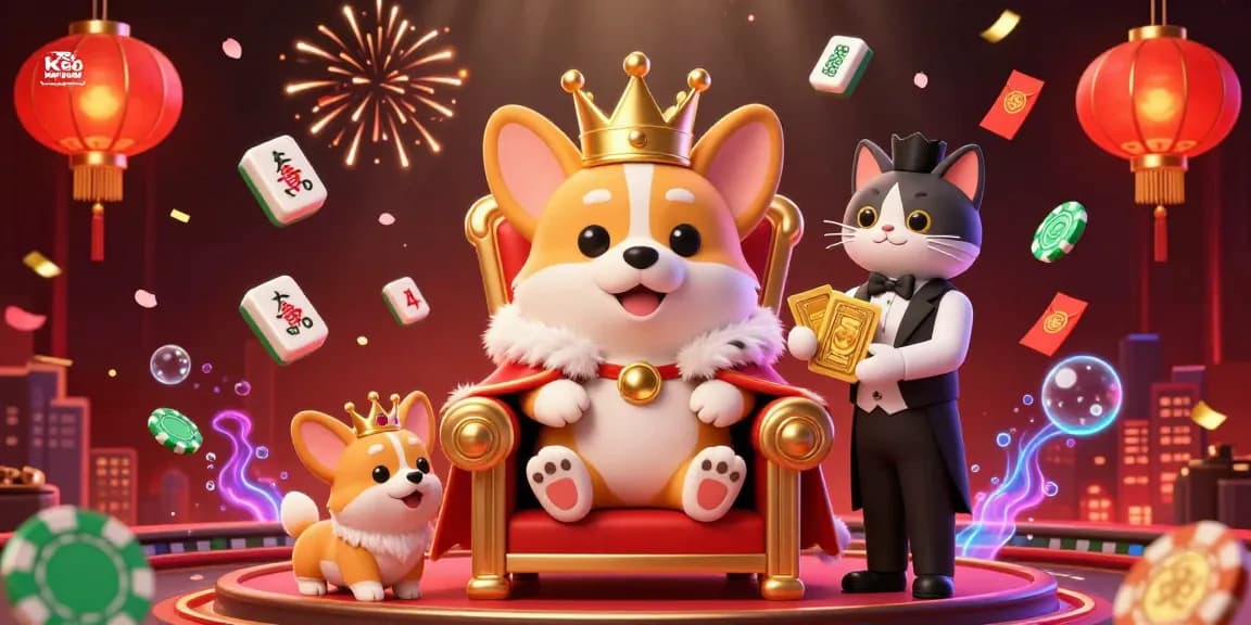 Engage with Kèo nhà cái hôm nay in this vibrant casino scene featuring a royal corgi and interactive elements.