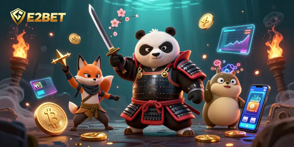E2BET showcases a vibrant scene with a samurai panda and ninja fox in a dynamic casino environment.