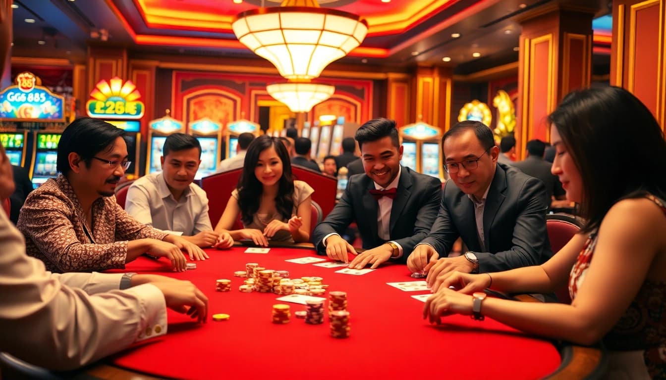 Players enjoying a lively GG 88 casino atmosphere with vibrant tables and poker chips.