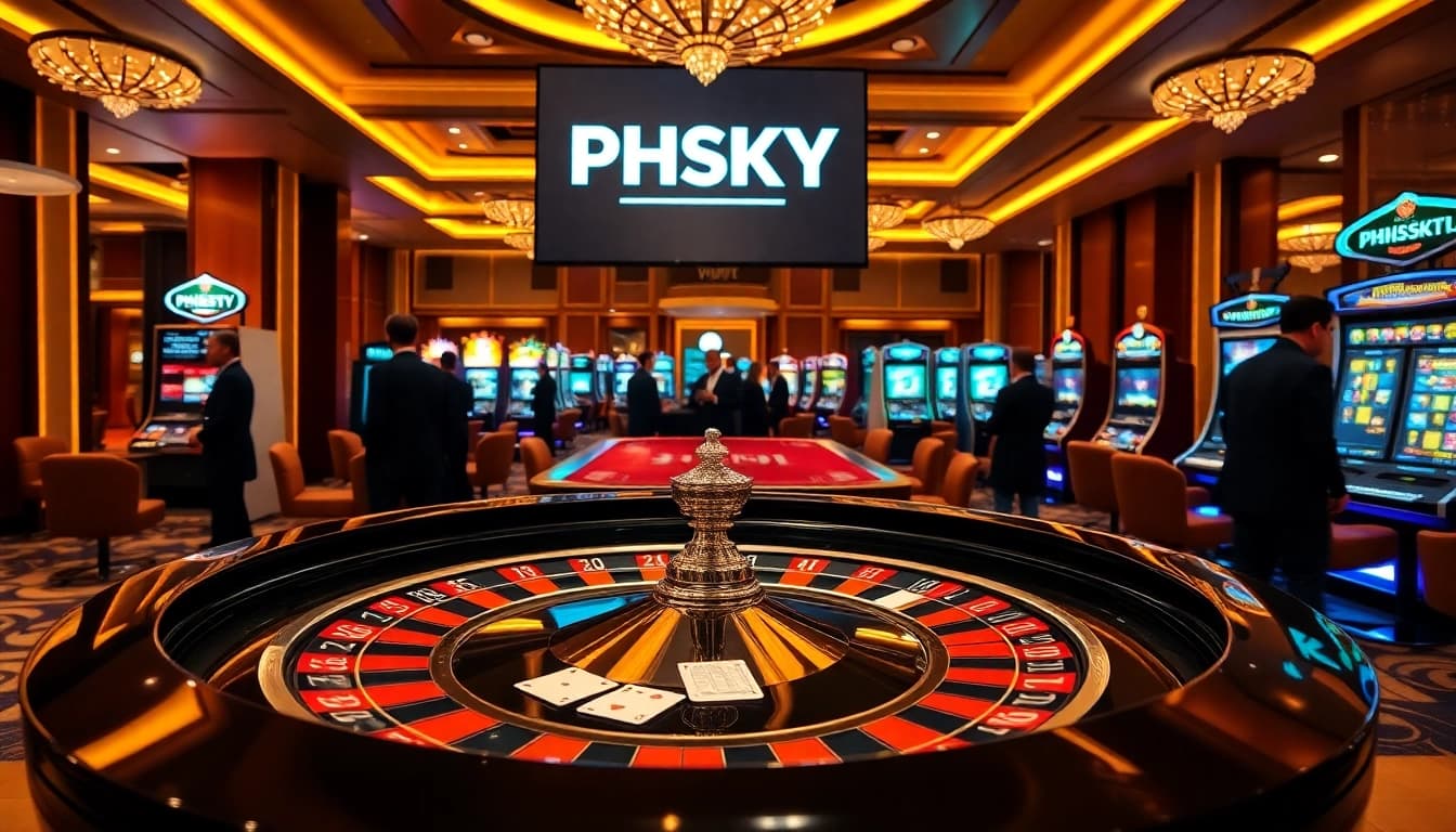 PHSKY players enjoying a thrilling moment at the roulette table and engaging with vibrant slot machines.