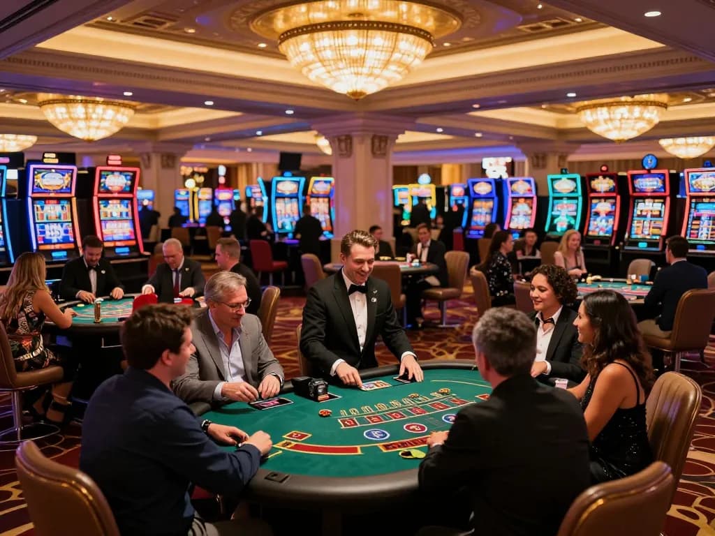 Players enjoying blackjack at nhà cái jun88’s opulent casino, vibrant atmosphere and luxury decor.