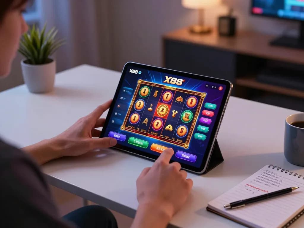 X88 player engages in responsible online gaming, enjoying vibrant slot graphics on tablet.