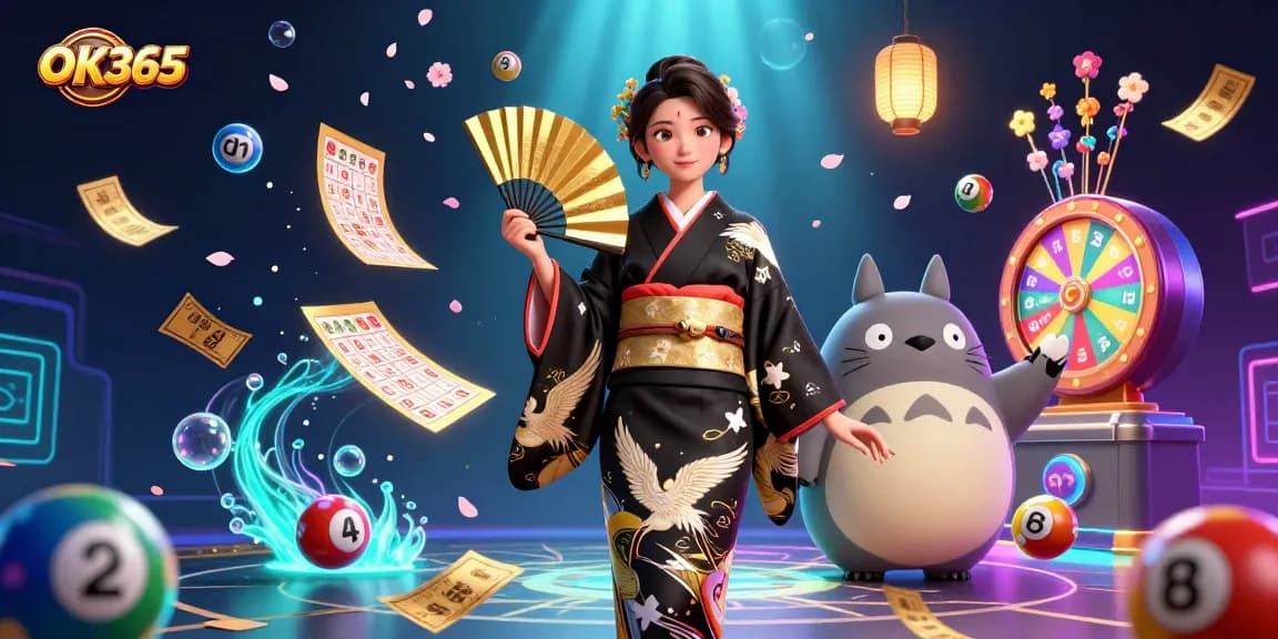 Engaging OK365 online casino scene featuring vibrant lottery elements and a traditional character.