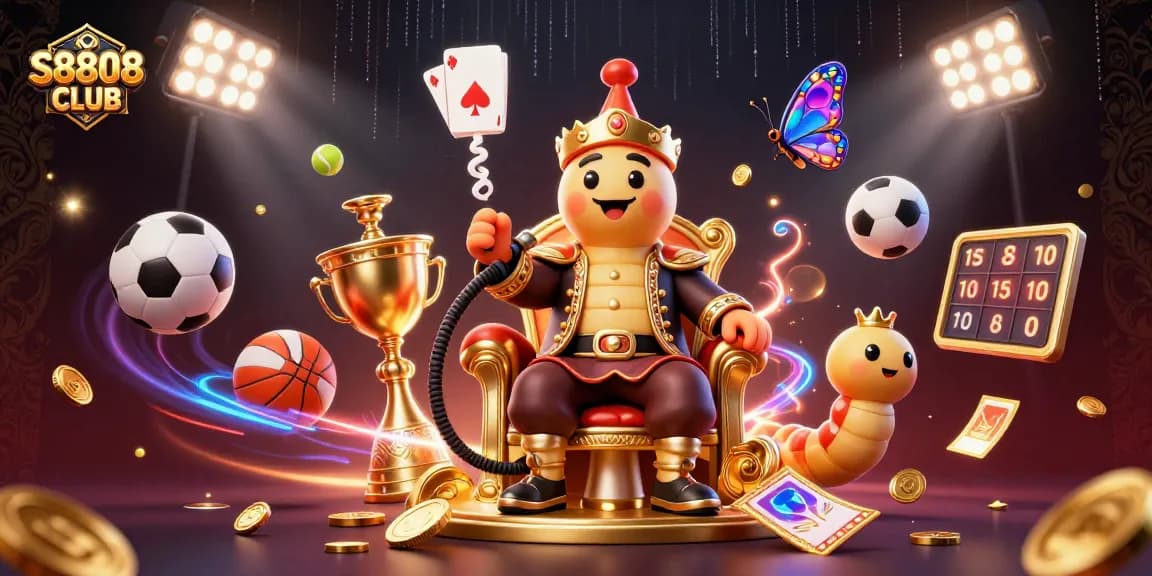 S8808 CLUB elevates online gaming with vibrant illustrations of games, excitement, and strategy dynamics.