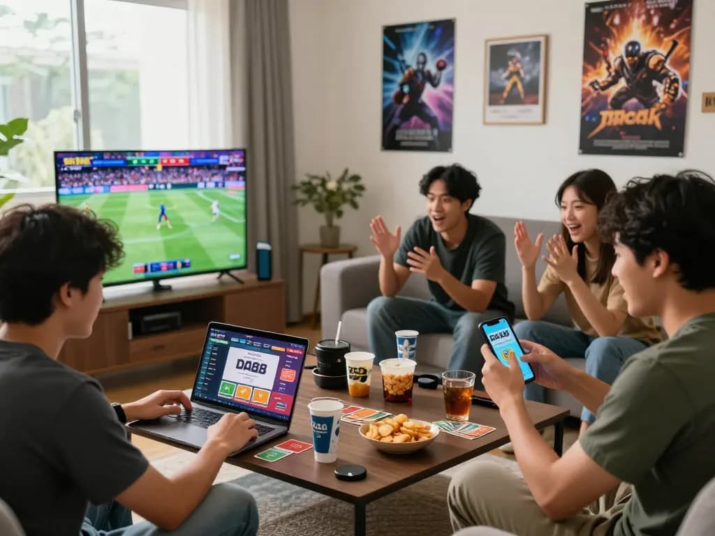 Engaging scene of friends enjoying diverse games at home with nhà cái DA88, showcasing excitement and connection.