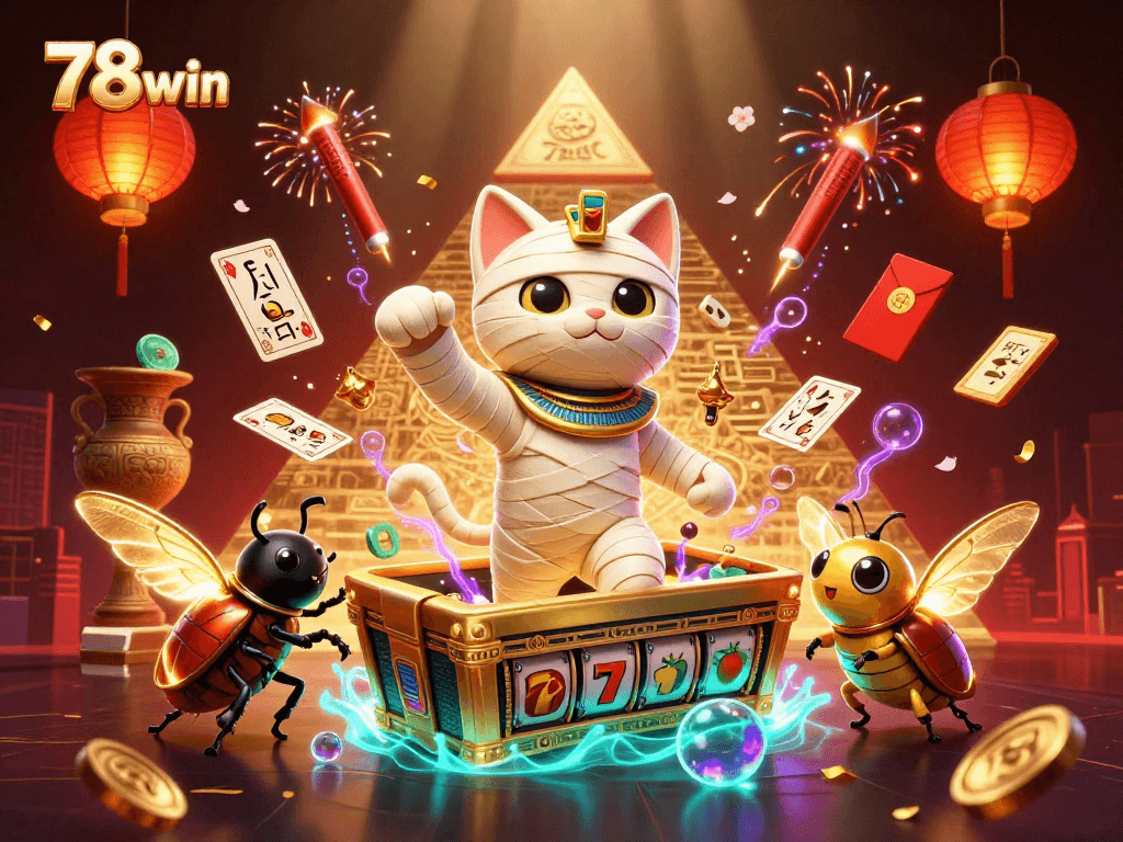 Engage with 78win's thrilling casino scene featuring an Egyptian mummy cat and rich gaming elements.