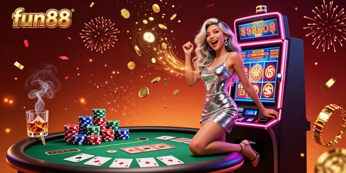 Fun88 offers thrilling gambling action with vibrant casino elements, showcasing a winner celebrating at a jackpot.