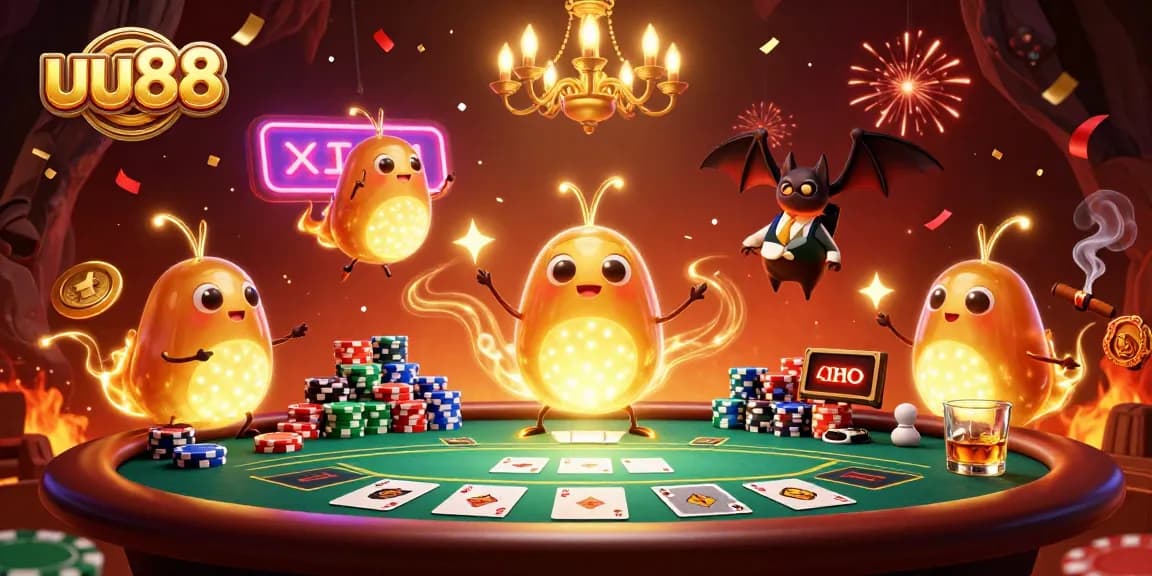 Brightly lit uu88 casino scene with glowworms and a bat dealer enhancing the gaming atmosphere.