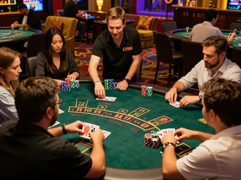 Players strategizing during a Blackjack game at LV88 casino, showcasing intense gameplay.