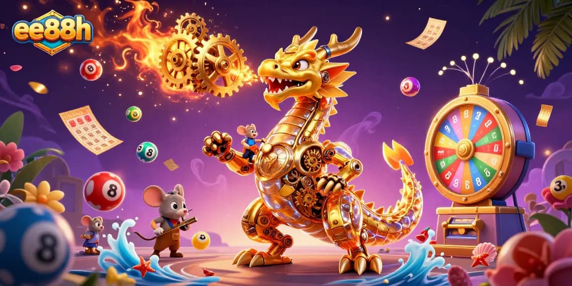 Engage with the enchanting world of ee88h, where a golden dragon breathes golden cogs amidst a whirlwind of lottery elements.