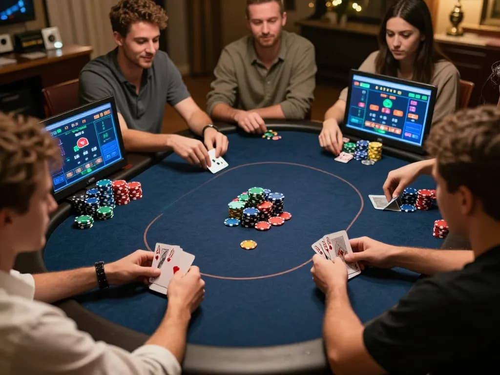 Players are strategizing in an engaging online poker game at ga6789, showcasing colorful chips and vibrant game screens.
