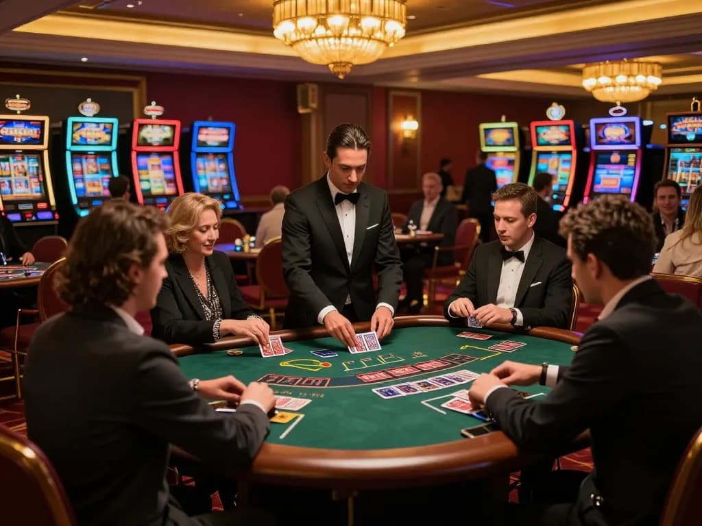 vu88 players strategizing at a blackjack table in a luxurious casino atmosphere