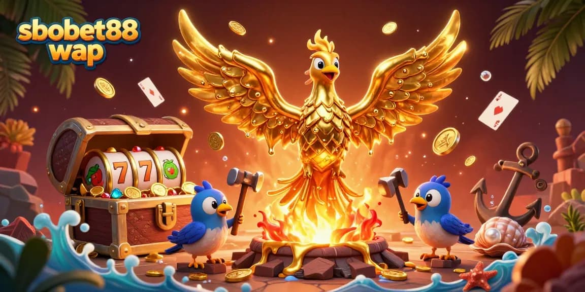Engage in sbobet88 wap with this vibrant 3D illustration of a golden phoenix amidst casino symbols.