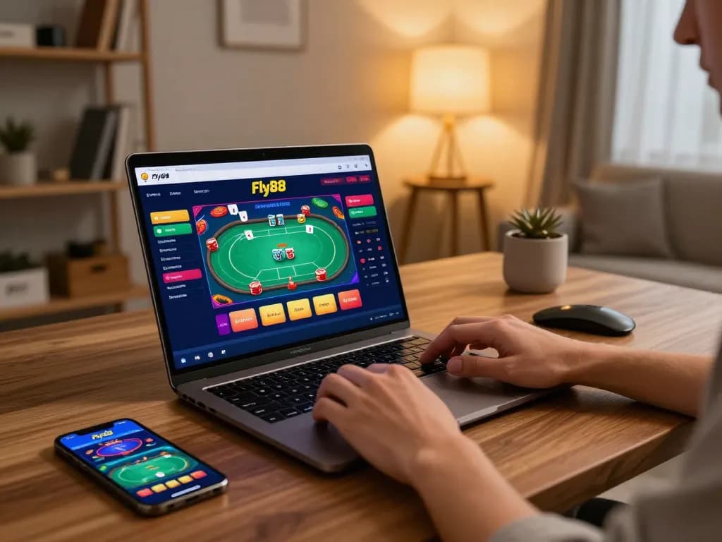 Engaging in online poker at Fly88 gaming platform using laptop and smartphone for an immersive experience