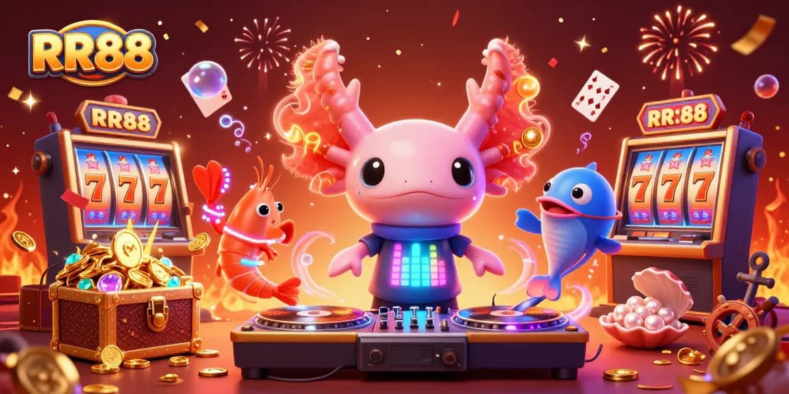 Engage with thrilling slots at RR88 while enjoying an underwater casino party with vibrant characters.