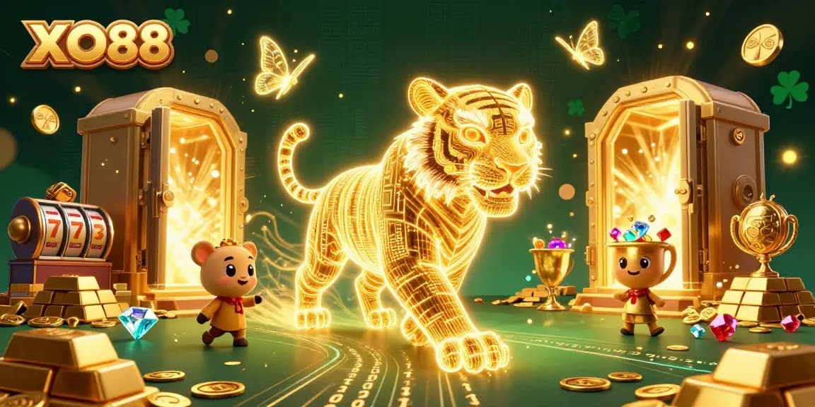 Experience the thrilling adventures of XO88 with a dynamic casino scene filled with rich gaming elements.