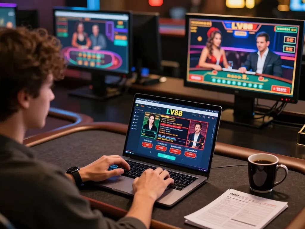 Player engaged in LV88 online casino table game at home, promoting responsible gaming.