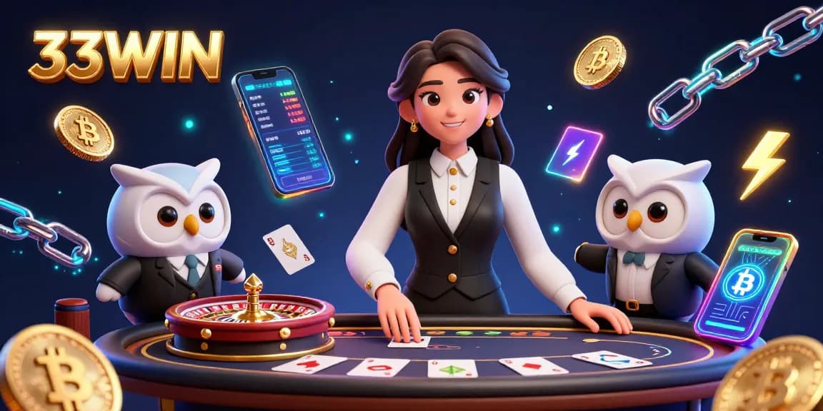 Experience 33WIN's vibrant baccarat scene with a charming dealer and crypto elements.