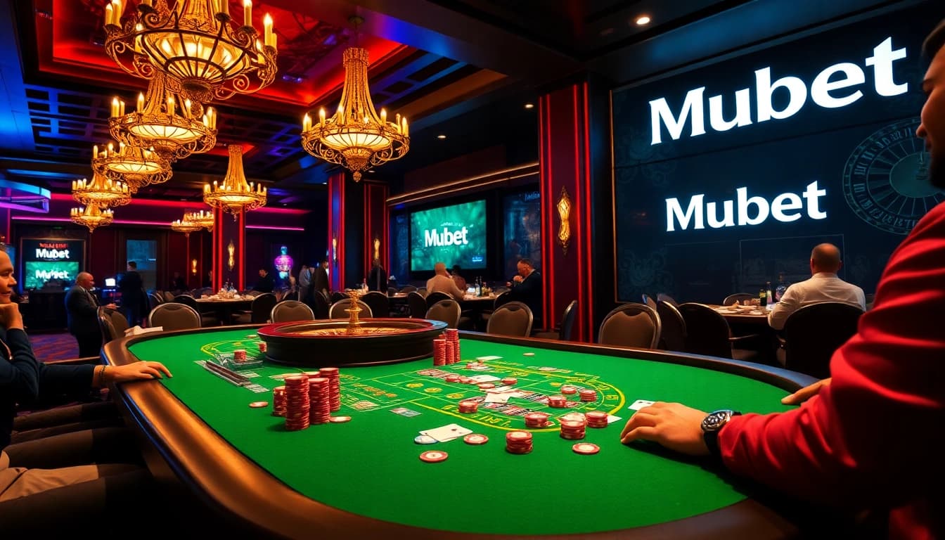 Mubet sports betting interface displayed on an engaging casino floor ambiance.