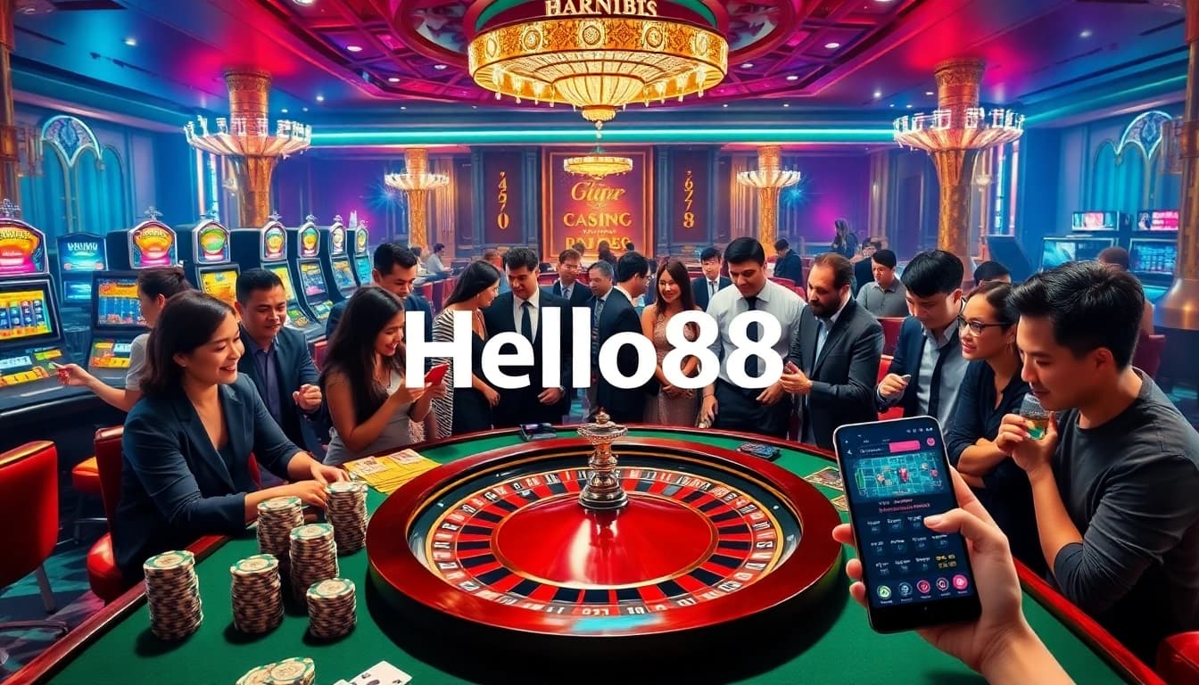 Players enjoying a thrilling gambling experience at Hello88 with vibrant casino elements.