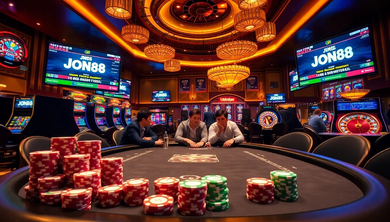 Experience the thrilling Jun88 casino with vibrant slot machines and dynamic poker action.